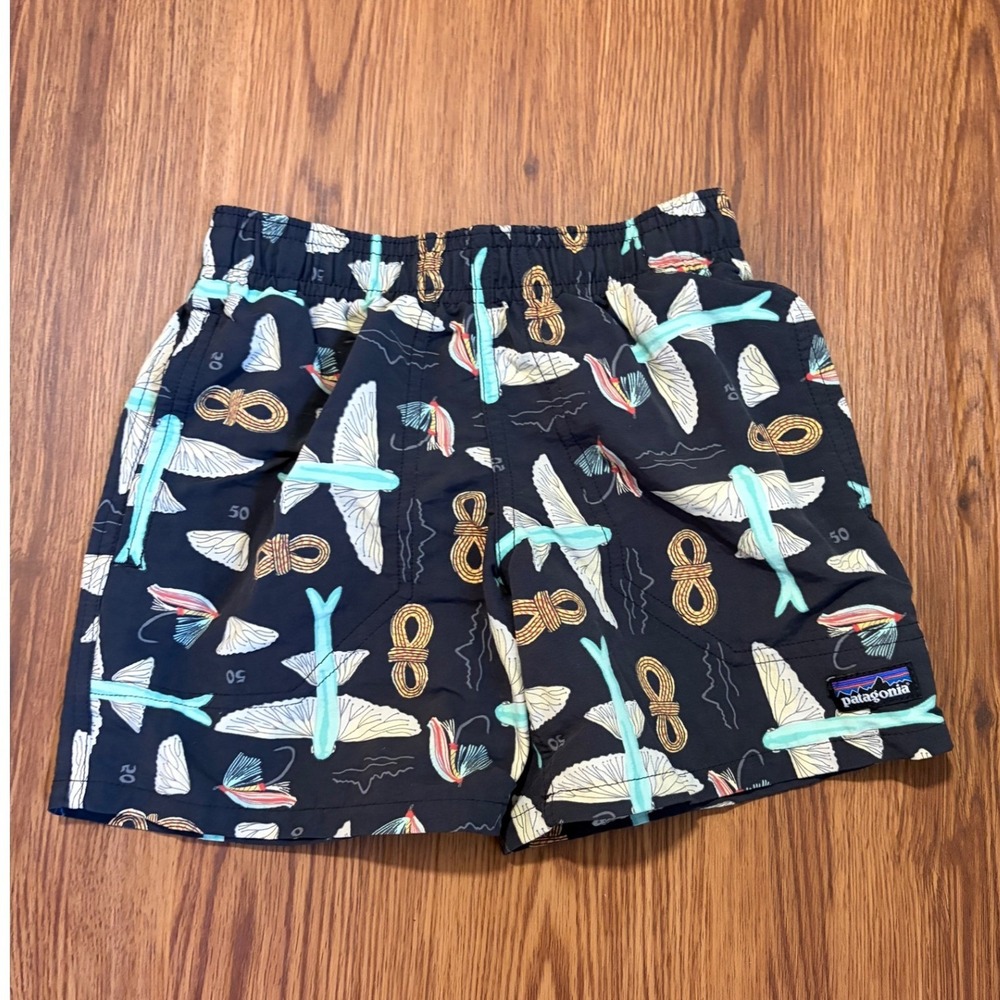 Patagonia Kids Baggies Shorts Flying Fish Lure Print Navy Blue XS 5-6